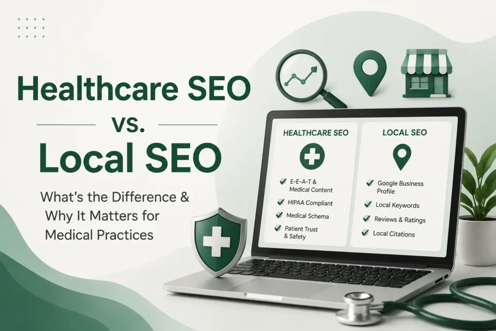 Healthcare SEO vs. local SEO comparison showing key differences, including E-E-A-T, HIPAA compliance, medical schema, Google Business Profile, local keywords, reviews, and local citations.