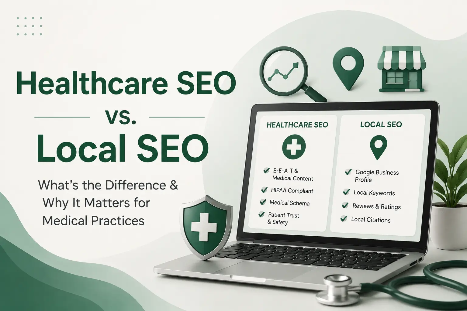 Healthcare SEO vs. local SEO comparison showing key differences, including E-E-A-T, HIPAA compliance, medical schema, Google Business Profile, local keywords, reviews, and local citations.
