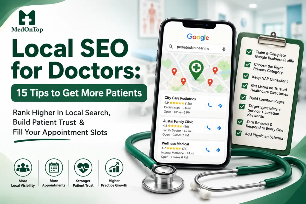 Local SEO for doctors featured image showing a medical practice appearing in Google local search, with a map, patient reviews, Google Business Profile checklist, healthcare directory listings, and MedOnTop branding.