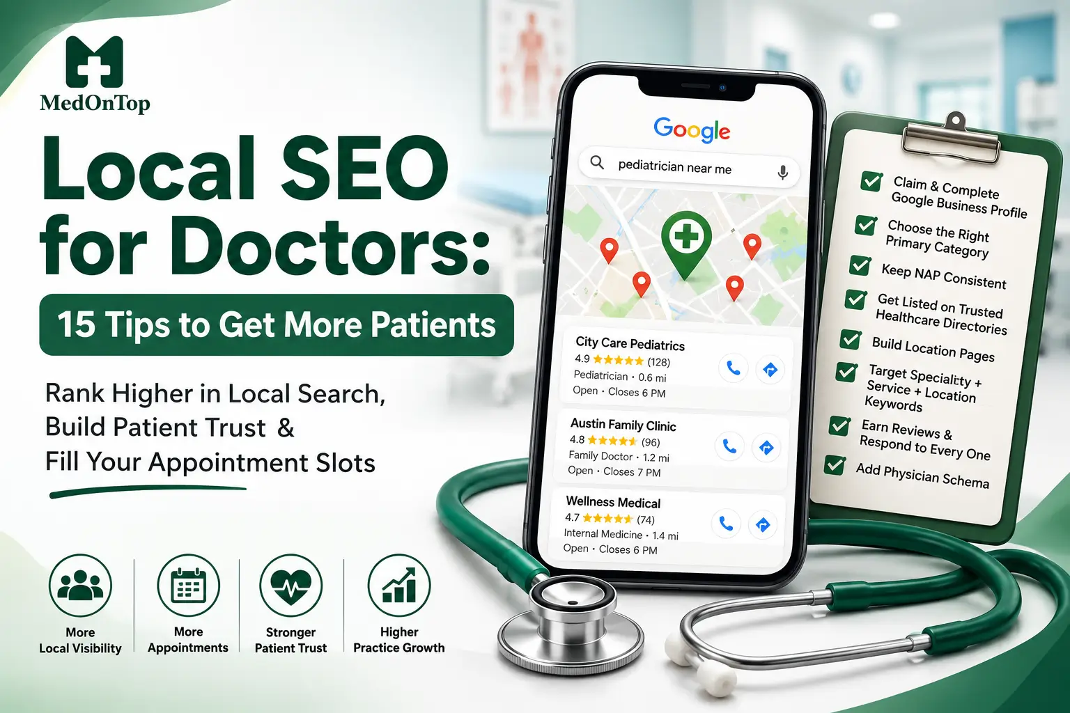 Local SEO for doctors featured image showing a medical practice appearing in Google local search, with a map, patient reviews, Google Business Profile checklist, healthcare directory listings, and MedOnTop branding.