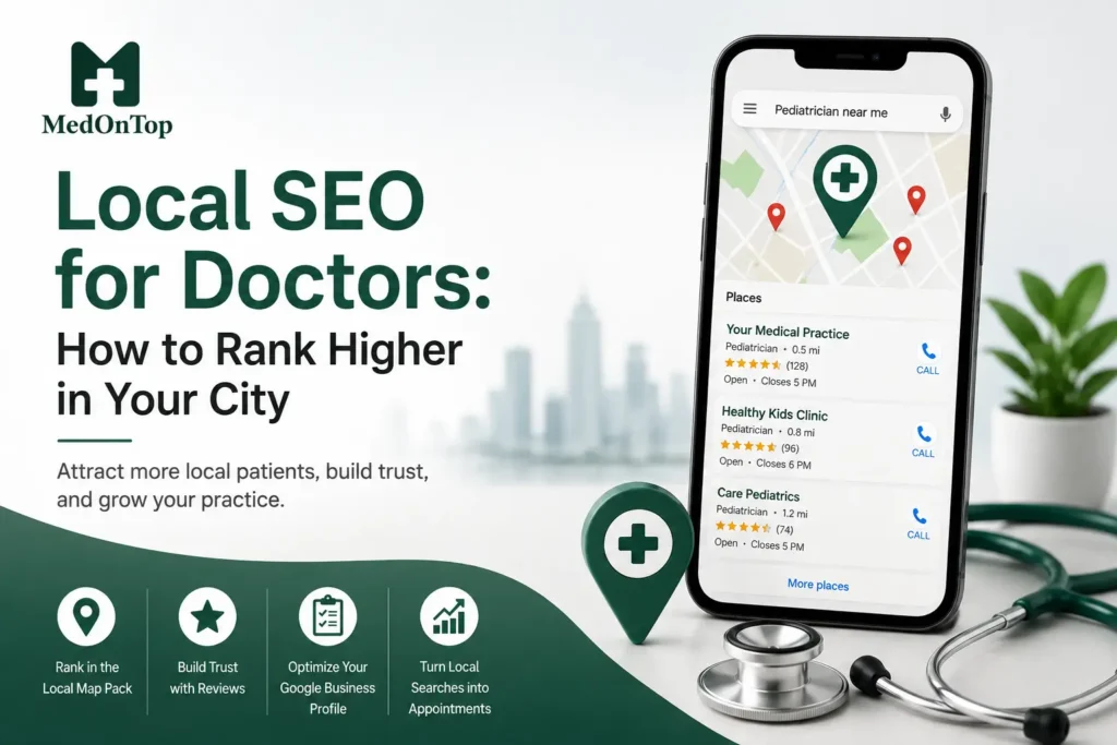 Local SEO for doctors featured image showing a medical practice ranking in local search results, with a smartphone map, Google Business Profile listings, reviews, location pins, and MedOnTop branding.