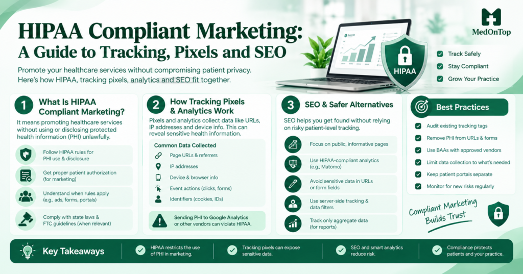 HIPAA compliant marketing infographic covering tracking pixels, SEO, and patient data privacy.